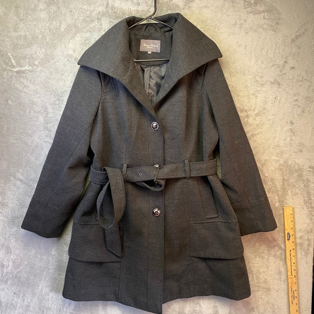 Marvin Richards Coat Womens 1X Belted Wing Collar Charcoal Gray Peacoat EUC